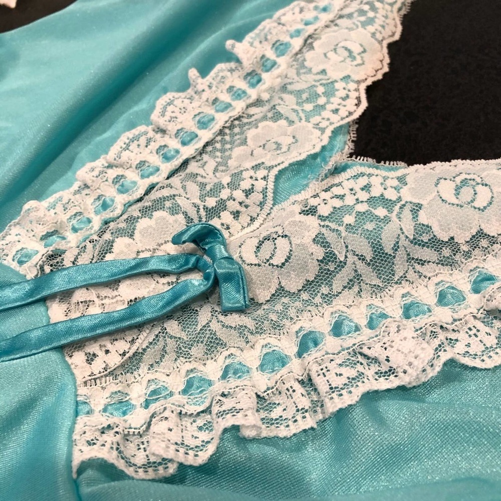 Vintage Glencraft Aqua Blue Lace Peplum Chemise Camisole Tank Lingerie Top - Picture 2 of 13